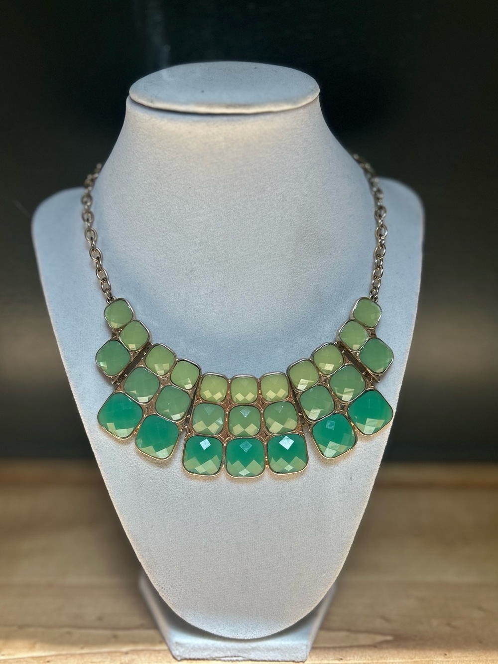 Gold Tone Shades Of Green Framed Stones Cleopatra Type Choker/Collar Necklace